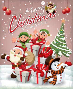 Vintage Noel poster tasarımı ile Noel Baba, kardan adam, elf ve melek