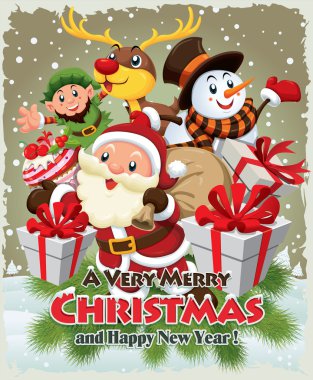 Vintage Noel poster tasarımı ile Noel Baba, kardan adam, elf ve geyik
