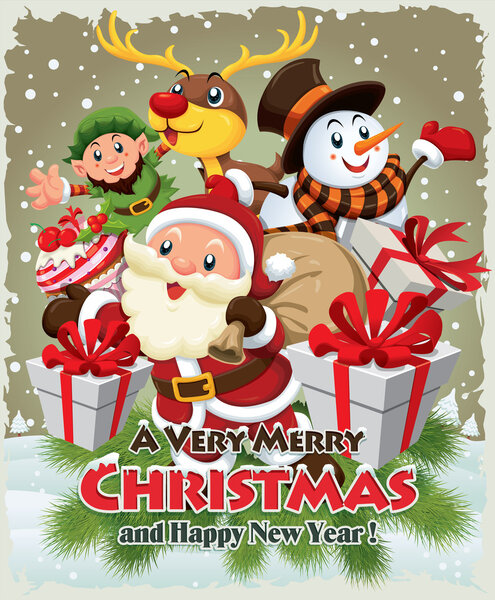 Винтажный рождественский плакат с Санта-Клаусом, Снеговиком и оленем
