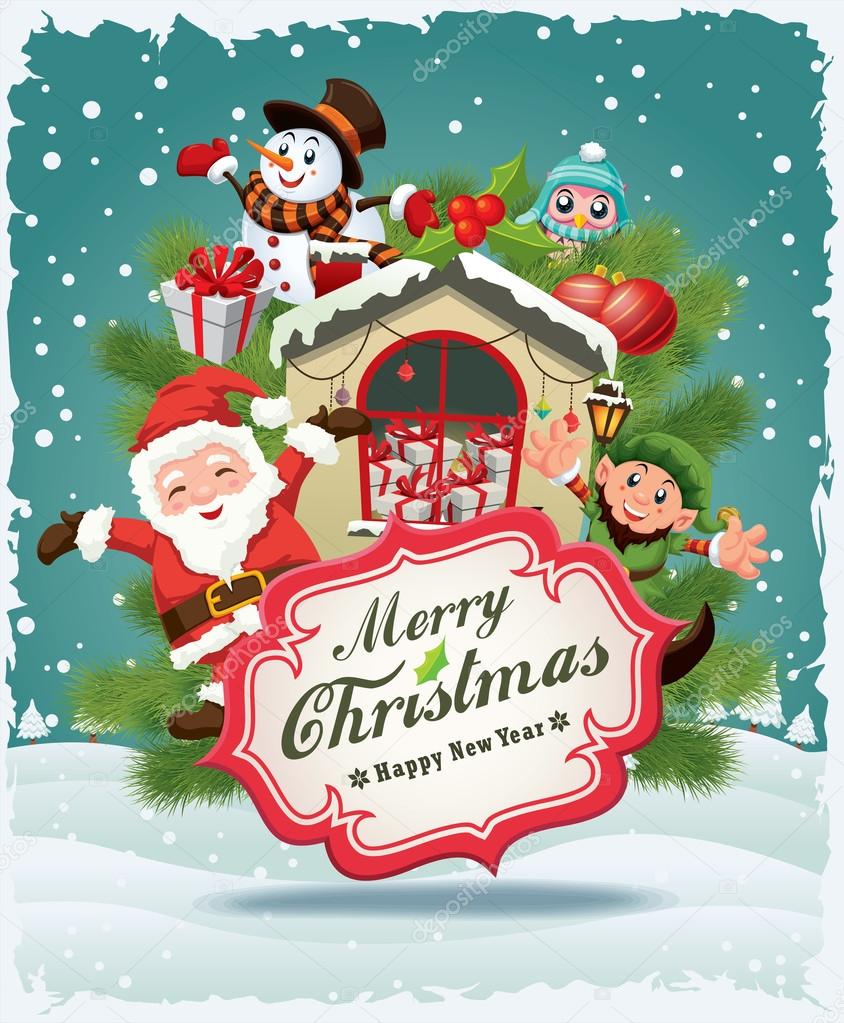 Vintage Christmas poster design Santa Claus, Snowman, elf & owl
