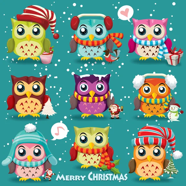 Design de cartaz de Natal vintage com corujas, Papai Noel, boneco de neve —  Vetores de Stock