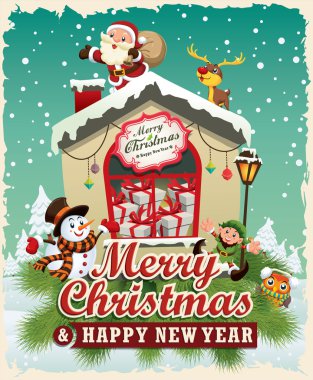 Vintage Noel poster tasarımı ile Noel Baba, kardan adam, elf ve geyik