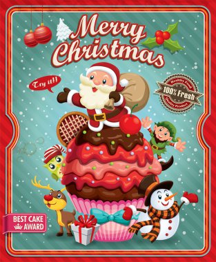 Vintage Noel poster tasarımı ile Noel Baba, cupcake, kardan adam, elf ve geyik