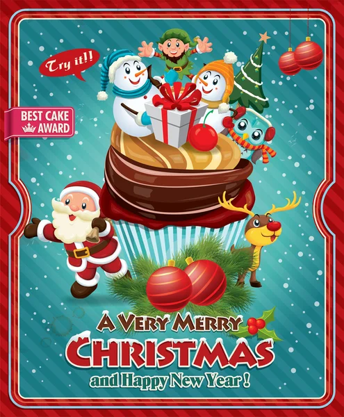 Vintage Christmas poster design with Santa Claus, cupcake, Snowman, elf & deer — Stock Vector