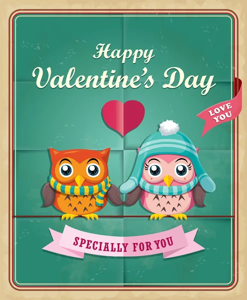 Vintage Valentine poster design with owls — Stock Vector