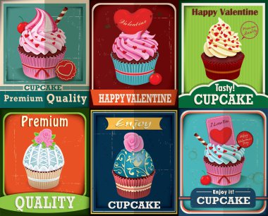 Vintage Sevgililer cupcake poster tasarım seti