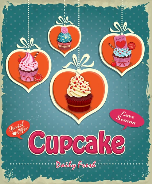 Vintage Valentine cupcake design de cartaz — Vetor de Stock