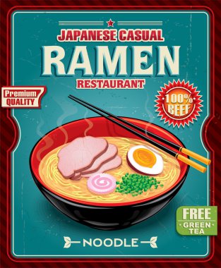 Şehriye ve sıcak çorba Vintage ramen poster tasarımı