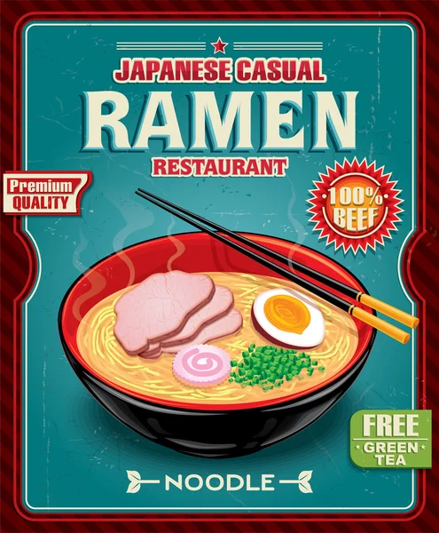 Design de cartaz de ramen vintage com macarrão e sopa quente — Vetor de Stock