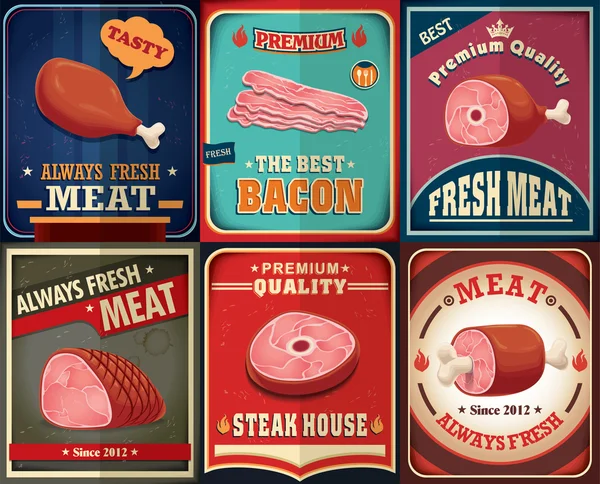 Carne vintage cartel diseño conjunto — Archivo Imágenes Vectoriales