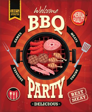 Vintage Barbekü partisi menü poster tasarımı sosis, et, sığır eti ile. tavuk, domuz pastırması