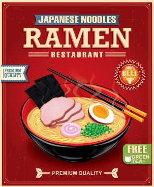Vintage ramen noodles poster design with noodle and hot soup