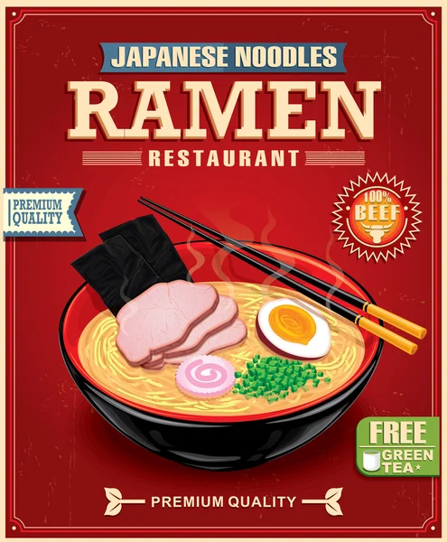 Design de cartaz de macarrão de ramen vintage com macarrão e sopa quente — Vetor de Stock