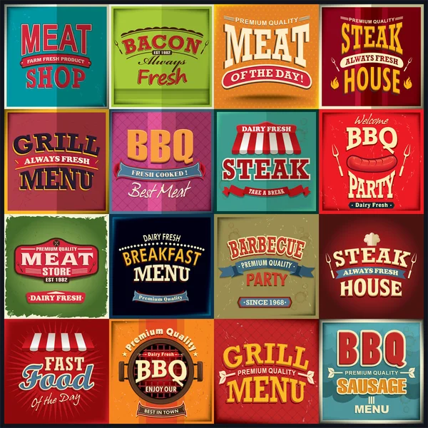 Vintage BBQ-vlees poster ontwerpset — Stockvector