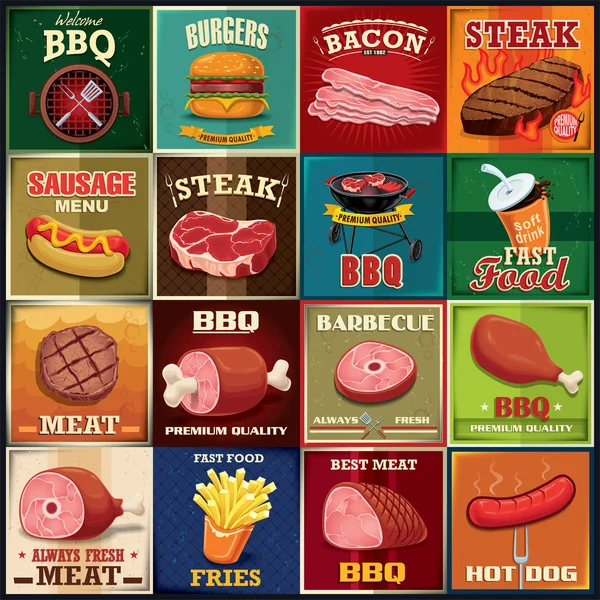 Vintage BBQ-vlees poster ontwerpset — Stockvector
