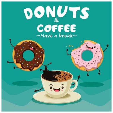 Vintage donuts karikatür karakter poster tasarımı