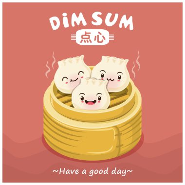 Vintage dim sum afiş tasarımı. Çince metin küçük haşlanmış veya kızarmış lezzetli köfte bir aperatif veya ana yemek servis çeşitli dolgular içeren bir Çin yemek anlamına gelir..