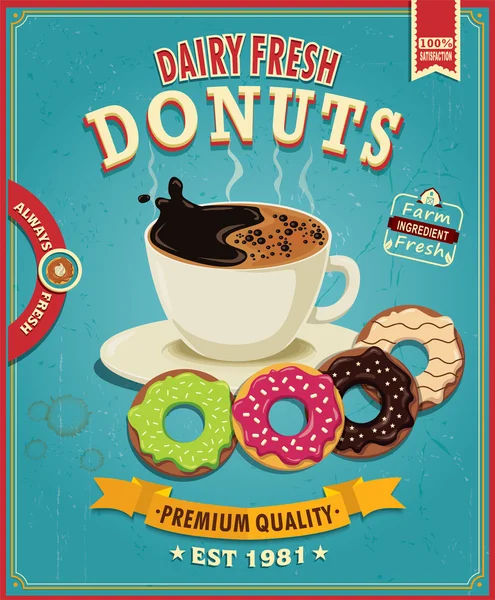 Vintage donut with coffee poster design — Stock Vector