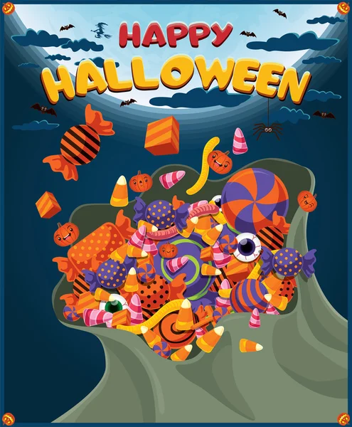 Vintage halloween poster design with bag of candies — Stock Vector