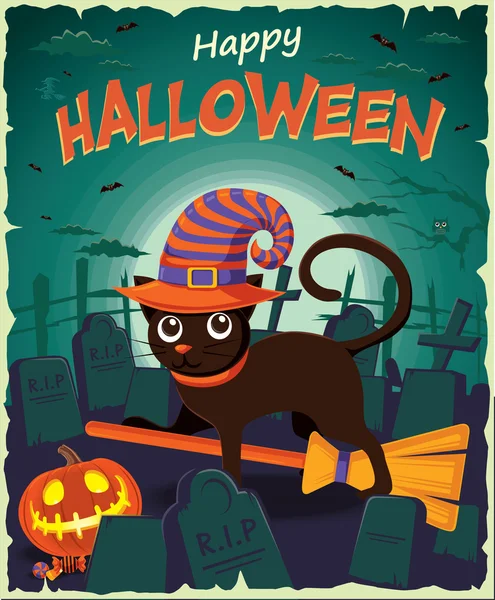 Diseño de póster de Halloween vintage con gato — Vector de stock