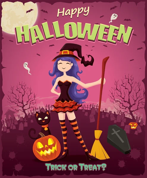 Set de diseño vintage de Halloween con bruja — Archivo Imágenes Vectoriales