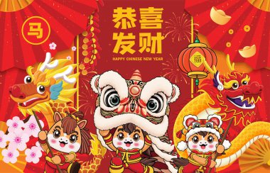 At karakterli klasik Çin yılbaşı poster tasarımı. Çince 'de 