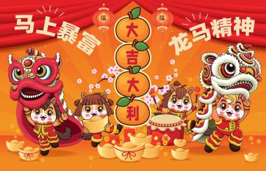 At karakterli klasik Çin yılbaşı poster tasarımı. Çince 'de 