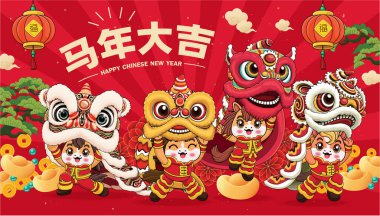 At karakterli klasik Çin yılbaşı poster tasarımı. Çince 'de 