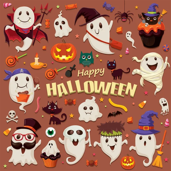 Vintage diseño de póster de Halloween conjunto con carácter fantasma — Vector de stock