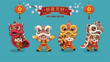 At karakterli klasik Çin yılbaşı poster tasarımı. Çince 'de refah, refah ve refah demek..