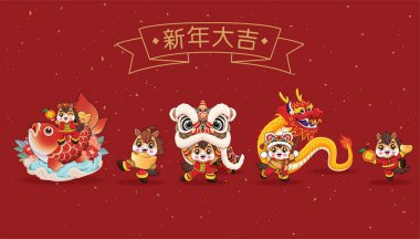 At karakterli klasik Çin yılbaşı poster tasarımı. Çince deyiş size büyük canlılık ve güç dilemek demektir, hayırlı, refah..