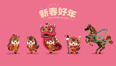 At karakterli klasik Çin yılbaşı poster tasarımı. Çince 