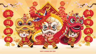 At karakterli klasik Çin yılbaşı poster tasarımı. Çince deyiş, atın hayırlı bir yıl geçirmesi, sana büyük canlılık ve güç ve refah dilemesi anlamına gelir..