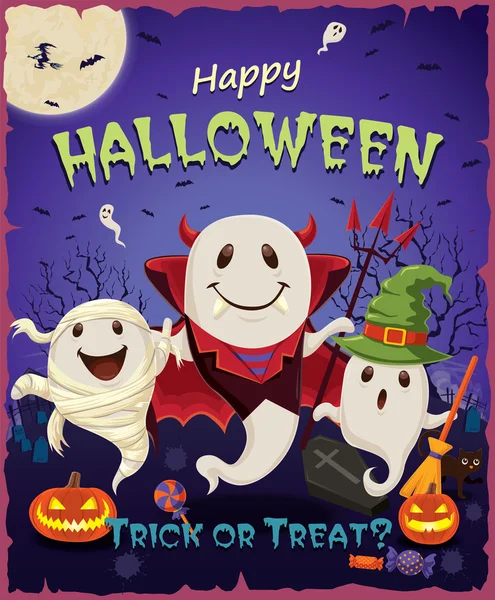 Vintage Halloween poster design with ghost character — Stock Vector