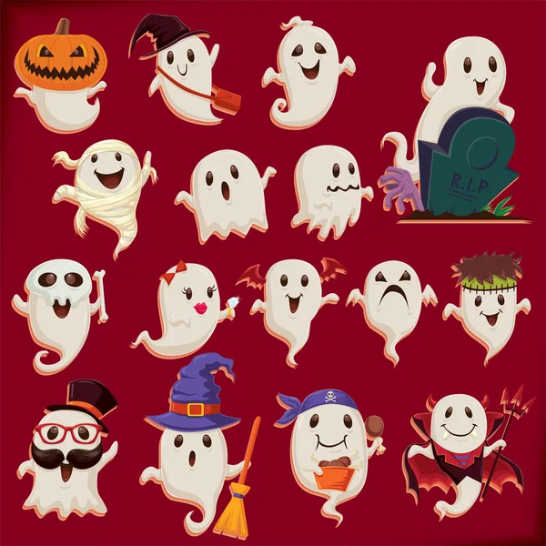 Design de cartaz de Halloween vintage conjunto com caráter fantasma —  Vetores de Stock