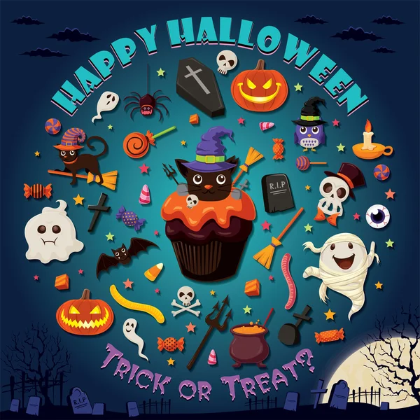 Conjunto de diseño de póster de Halloween vintage con cupcake — Archivo Imágenes Vectoriales