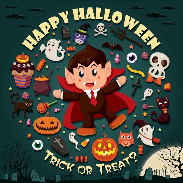 Desain poster Halloween kuno yang dibuat dengan vampir - Stok Vektor