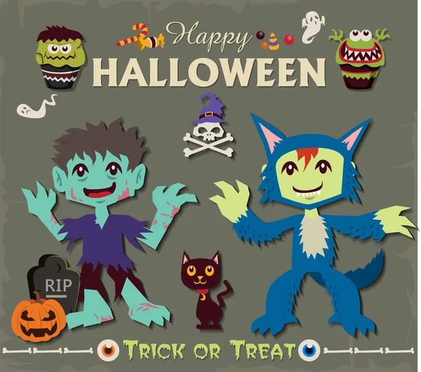 Винтажный плакат на Хэллоуин с персонажем зомби и волка — стоковый вектор