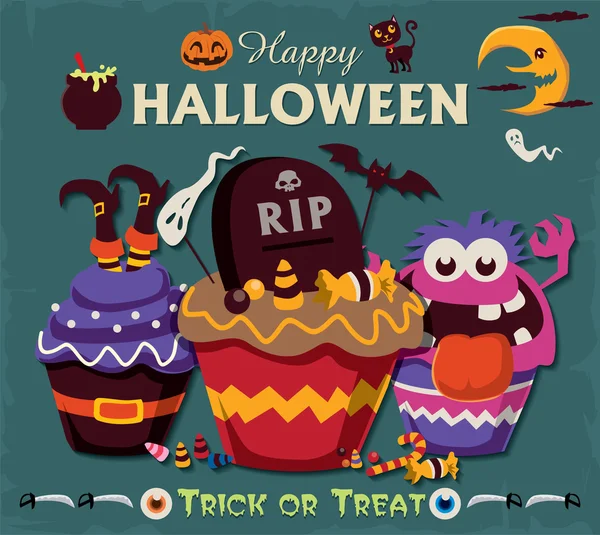 Vintage-Halloween-Poster-Design-Set mit Cupcake — Stockvektor