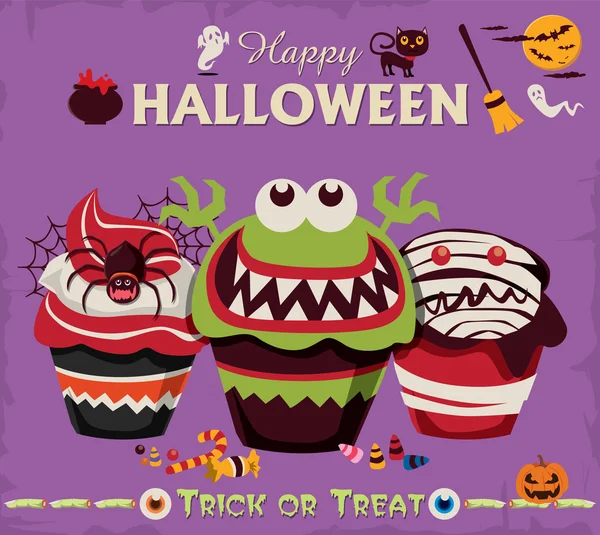 Vintage halloween charakter poster design set mit cupcake — Stockvektor
