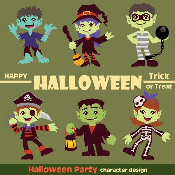 Design de pôster de personagem de Halloween vintage definido com zumbi, bruxas, prisioneiro, pirata, garota esqueleto —  Vetores de Stock