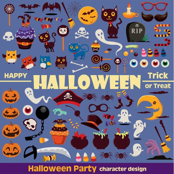 Vintage Halloween personagem cartaz design conjunto de ícones —  Vetores de Stock
