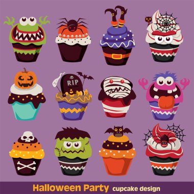 Vintage Halloween cupcake afiş tasarımı ayarla
