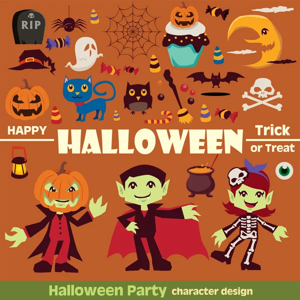 Винтажный плакат персонажа Хэллоуина с вампиром и скелетом — стоковый вектор