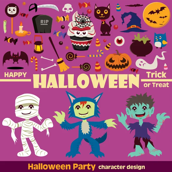 Винтажный дизайн плаката персонажа Хэллоуина с волком, мумией, зомби — стоковый вектор