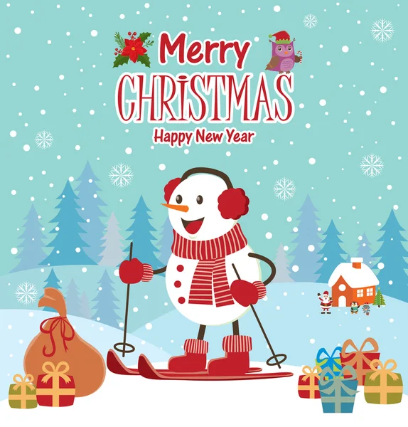 Vintage Christmas poster design with snowman — Stock Vector