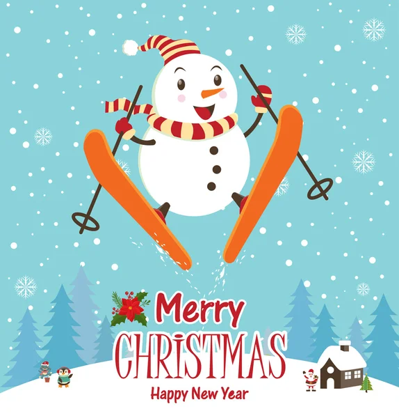 Vintage Christmas poster design with snowman — Stock Vector