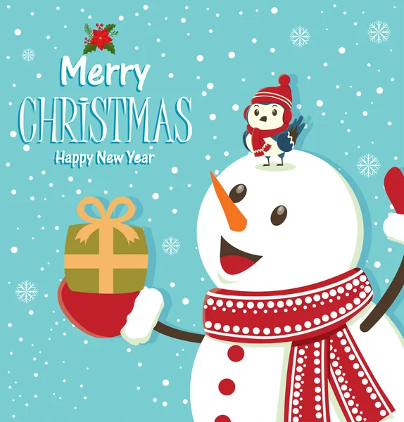 Poster de Noël design vintage avec bonhomme de neige — Image vectorielle