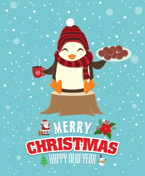 Vintage Boże Narodzenie plakat projekt z pingwinem — Wektor stockowy