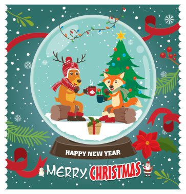 Vintage Noel poster tasarımı Ren geyiği ve fox ile